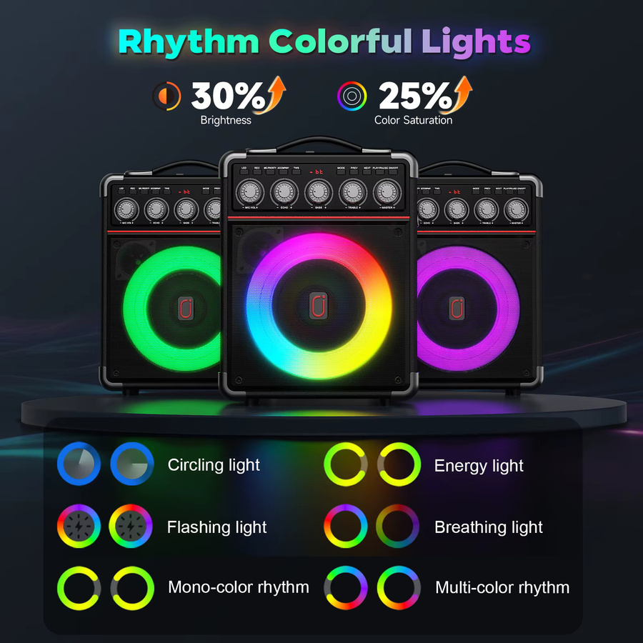 FanFun TX05 Karaoke-Maschine in Schwarz mit 2 kabellosen Mikrofonen, RGB-Licht und Unterstützung für TF, USB, AUX sowie TWS für deine Home Party - Bild 3