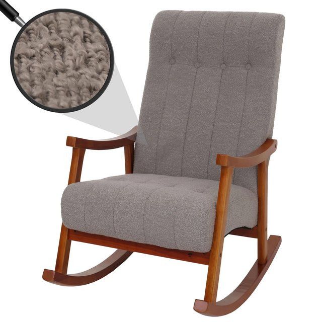 Schaukelstuhl MCW-K10 Relaxsessel mit Bouclé-Stoffbezug in Grau und Gestell in Walnuss-Optik - Bild 1