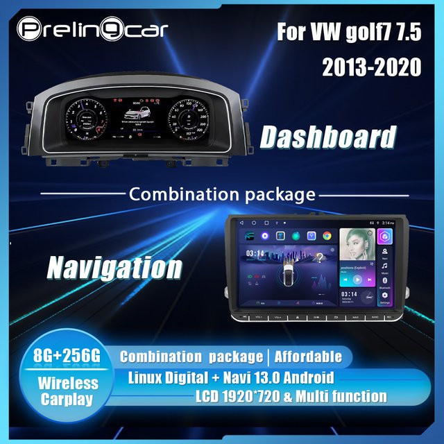 Prelingcar LCD Digital Cluster Dashboard Android Player mit Navigation für VW Golf 7 7,5 MK7 2013–2020 in Schwarz - Bild 1