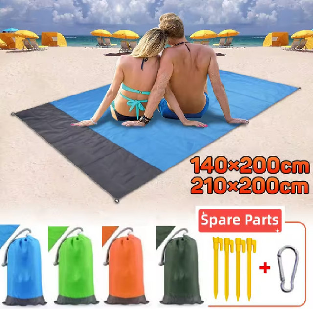 Wasserdichte Taschen-Stranddecke für Camping und Picknick, zusammenklappbare Outdoor-Matte, B/B: 2,1 x 2 m, Grün/Blau - Bild 1