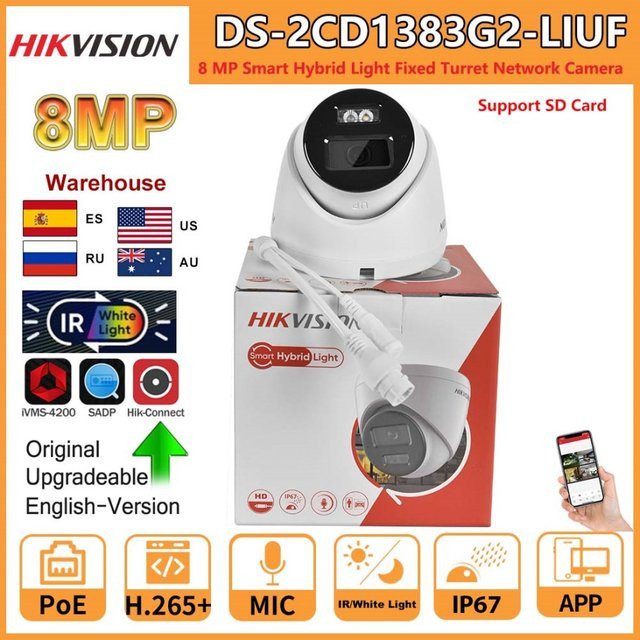 Hikvision 8MP IP-Turmkamera DS-2CD1383G2-LIUF in Weiß mit 4K Auflösung, Smart Hybrid Light, eingebautem Mikrofon und SD-Kartensteckplatz - Bild 1