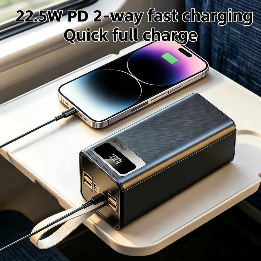 InTessry Powerbank 100000mAh mit 66W Superschnellladen, Tragbares Ladegerät in Schwarz mit LED-Digitalanzeige, Lederband und integrierter Taschenlampe für iPhone und Mehrgeräte-Ladung - Bild 6