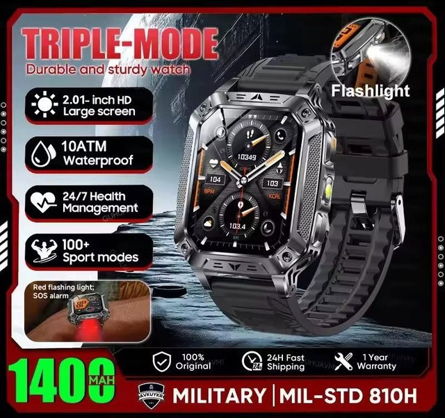 Smartwatch für Herren mit AMOLED HD Display, GPS, Herzfrequenzmessung, Bluetooth Anruffunktion, Taschenlampe und 10ATM Wasserdichtigkeit, Farbe: Black, 1400mAh Akku - Bild 1