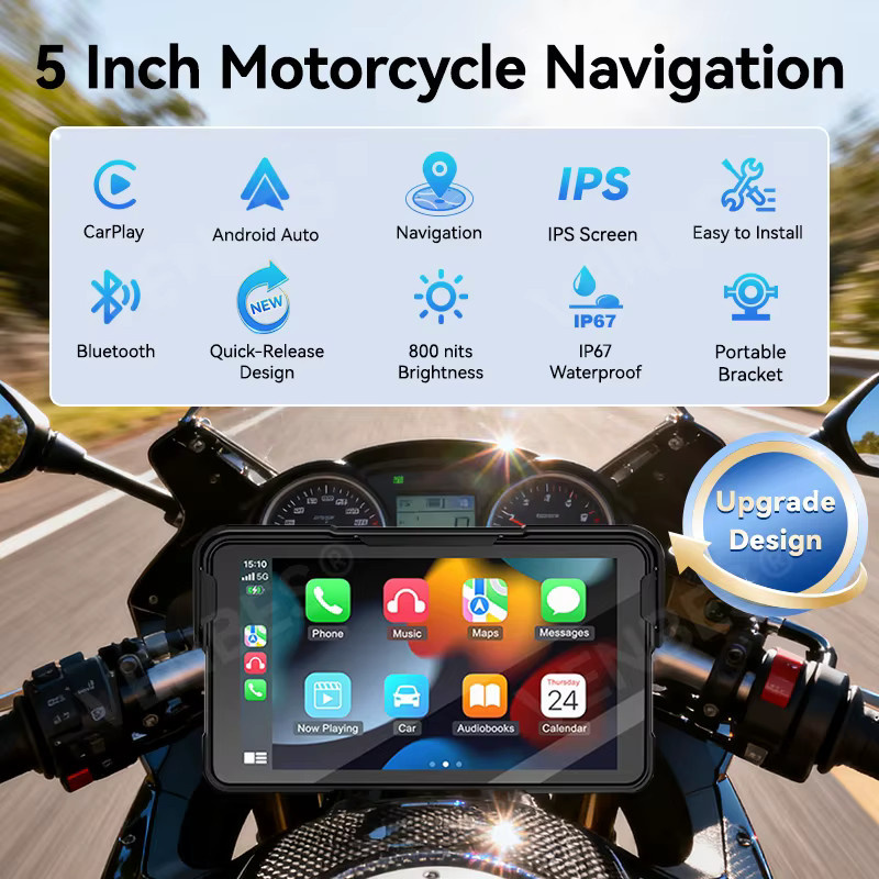VENBES Motorrad CarPlay mit 5 Zoll GPS-Navigation, kabellos, Android und Bluetooth, wasserdicht, Schwarz - Bild 3