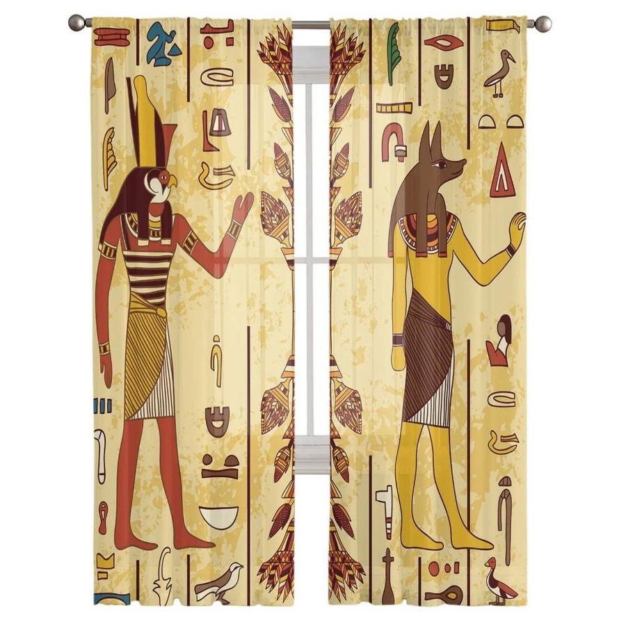 Yiran Furniture Ägypten Pharao Transparentes Voile Organza Vorhang in Gelb mit Grafikdesign, Breite: 135 cm, Höhe: 185 cm - Bild 1