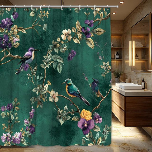 Baifenbai Home Furnishing Duschvorhang mit Blumen- und Vogelmuster aus Polyester, B/H: 180 x 180 cm, Mehrfarbig - Bild 1