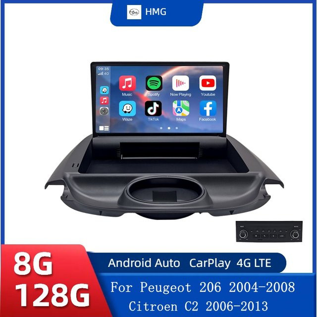 HMG Autoradio mit drahtlosem CarPlay und Android Auto für Peugeot 206 (2004-2008) und Citroen C2 (2006-2013), Schwarz - Bild 1
