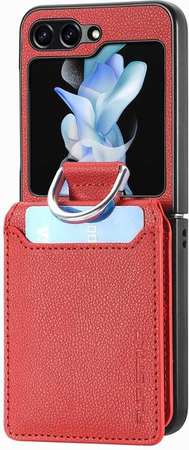 Leder Wallet Case mit Litschi-Muster für Samsung Galaxy Z Flip 4 3 2 7 inklusive Kartenhalter und Fingerring in Rot - Bild 1