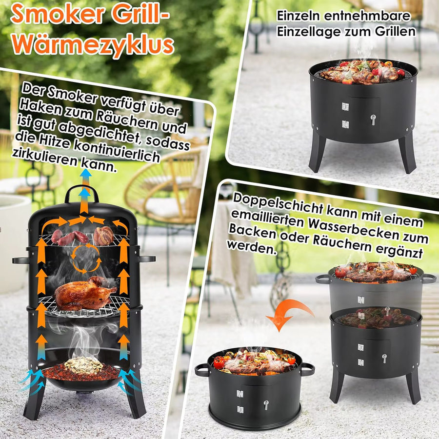 Tragbarer 3-in-1 Vertikal-Holzkohlegrill und Räuchergrill aus Edelstahl in Schwarz mit integriertem Thermometer und einstellbarem Entlüftungssystem, H: 81,0 cm, B: 51,0 cm, T: 51,0 cm - Bild 2