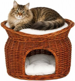 Lionto Weidenkorb für Katzen als Höhle in Braun mit herausnehmbarem Kissen - Bild 1