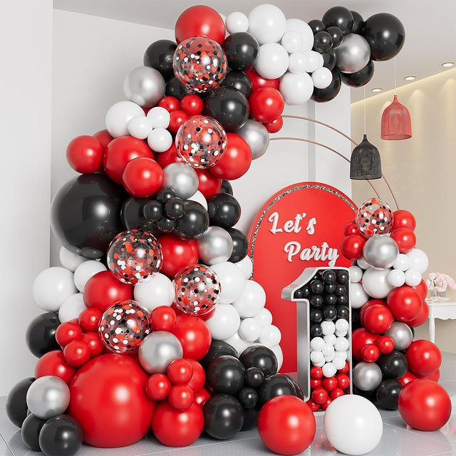 Surpsea Luftballon Girlandenbogen-Set in Rot, Schwarz und Silber mit Konfetti-Ballons für Hochzeit, Geburtstag und Silvester - Bild 1