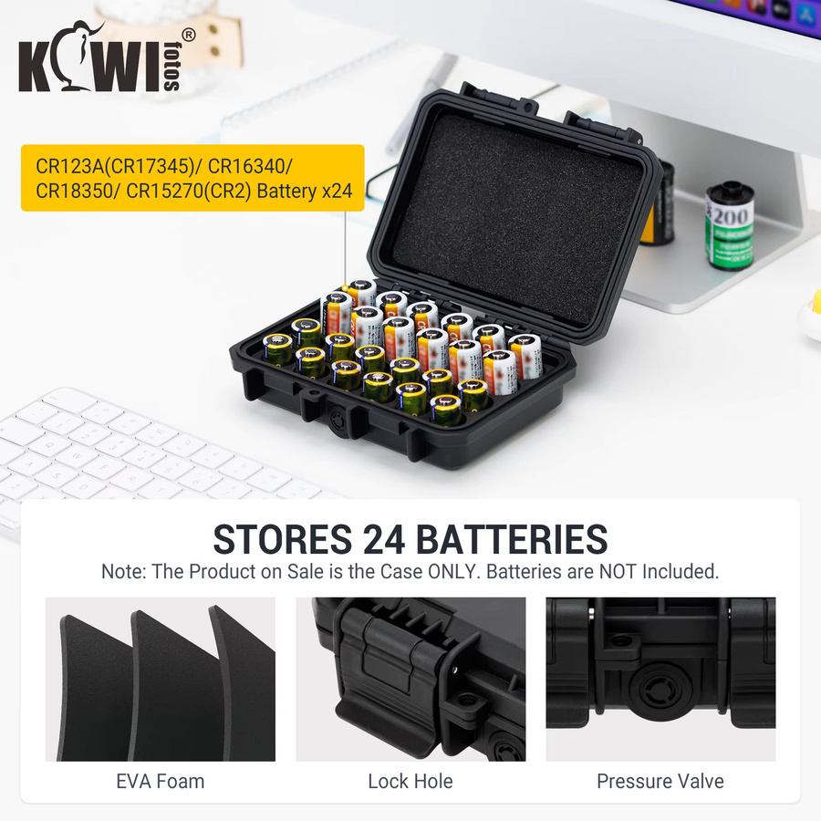KIWIFOTOS Batterie-Organizer Gehäuse für 24 CR2 CR123 CR123A Lithium-Batterien, wasserdichtes IP67 Hartschalenetui, Schwarz - Bild 1