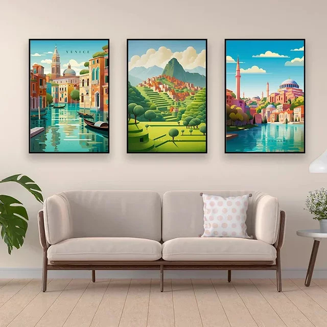 Potdemiel Wandkunst Leinwandgemälde Städte der Welt Vintage Poster Venedig Rom Istanbul Mehrfarbig - Bild 1