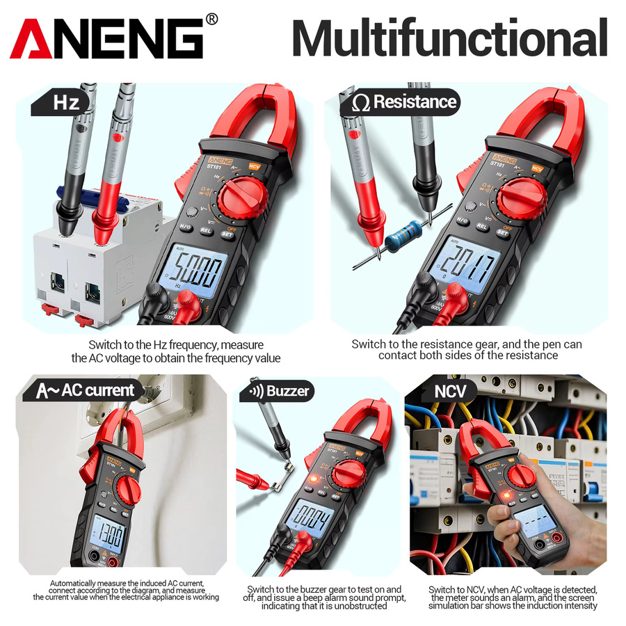 ANENG ST181 Zangenmultimeter in Rot mit 4000 Anzeigen, 600V AC/DC, 400A Strom, NCV, Widerstand, Kapazität und Diodentester für Elektriker - Bild 5
