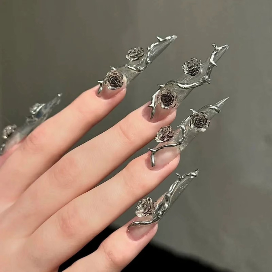 YADORNOS Stiletto-Nägel zum Aufdrücken, 3D-Rosen-Blumendekor, Glänzend, 10 Stück - Bild 4