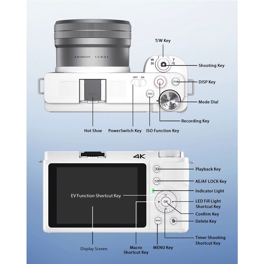 DEMANN GMBH Digitalkamera 4K mit 64 Megapixel, 12-fachem optischem Zoom und optischer Bildstabilisierung, kompakte weiße WLAN Vlog Kamera für Foto und Video inklusive 2 Akkus und 64GB TF-Karte - Bild 4