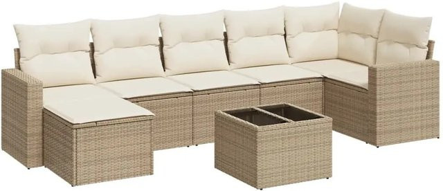 vidaXL 8-teilige Garten-Sofagarnitur aus Poly-Rattan in Beige mit Kissen und Hartglas - Bild 1