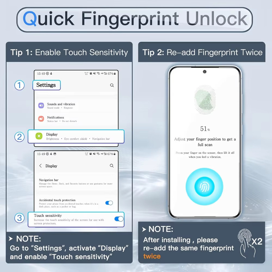 NNBILI 3er-Pack HD-Displayschutzfolien mit schwarzem Rand für Samsung Galaxy S26 S25 S24 S23 S22 S21 Ultra und Plus Modelle, unterstützt Fingerabdruck-Entsperrung, Schwarz/Transparent - Bild 4