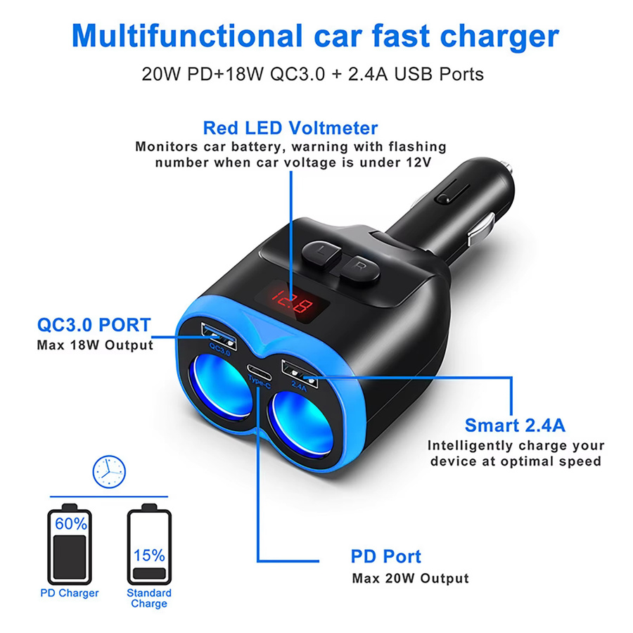 Dual USB Auto Ladegerät mit Voltmeter LCD-Display und Zigarettenanzünder Steckdose Splitter für 12V-24V in Schwarz - Bild 5