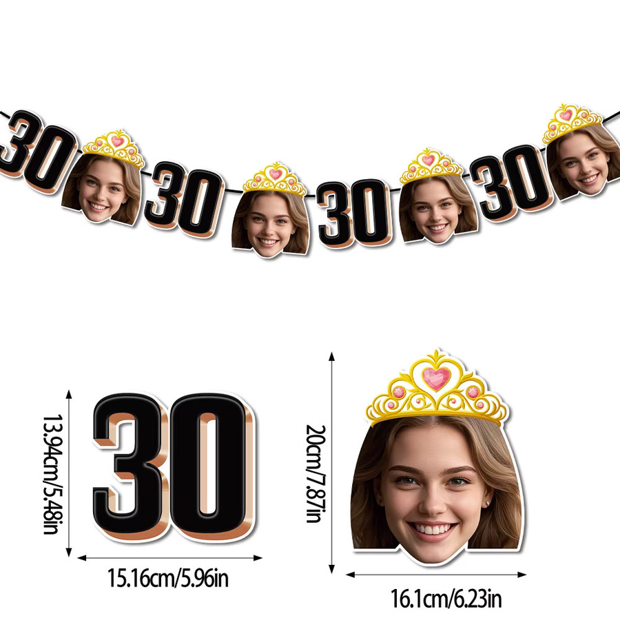 Personalisierte Geburtstagsparty-Dekoration mit Foto-Gesicht und Krone, bunte Papier-Hängegirlande als Banner für Erwachsene - Bild 2
