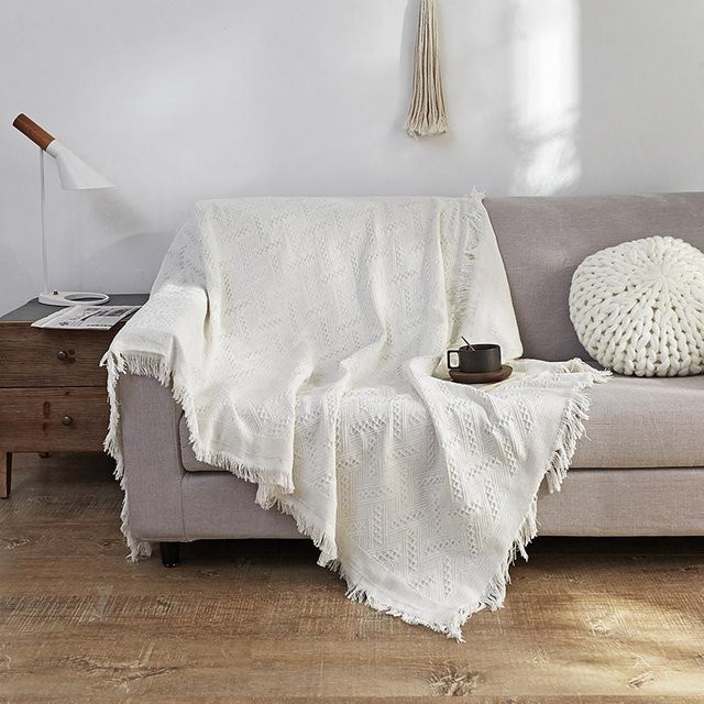 Nordic Cotton Sofa Throw Decke für Camping und Picknick in Boho-Design, B/B: 90 x 90 cm, Weiß oder Grau - Bild 1