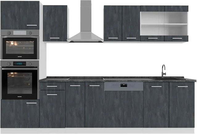Vicco R-Line Küchenzeile in Schwarz Beton und Weiß mit Arbeitsplatte in Anthrazit, Breite: 300 cm - Bild 1