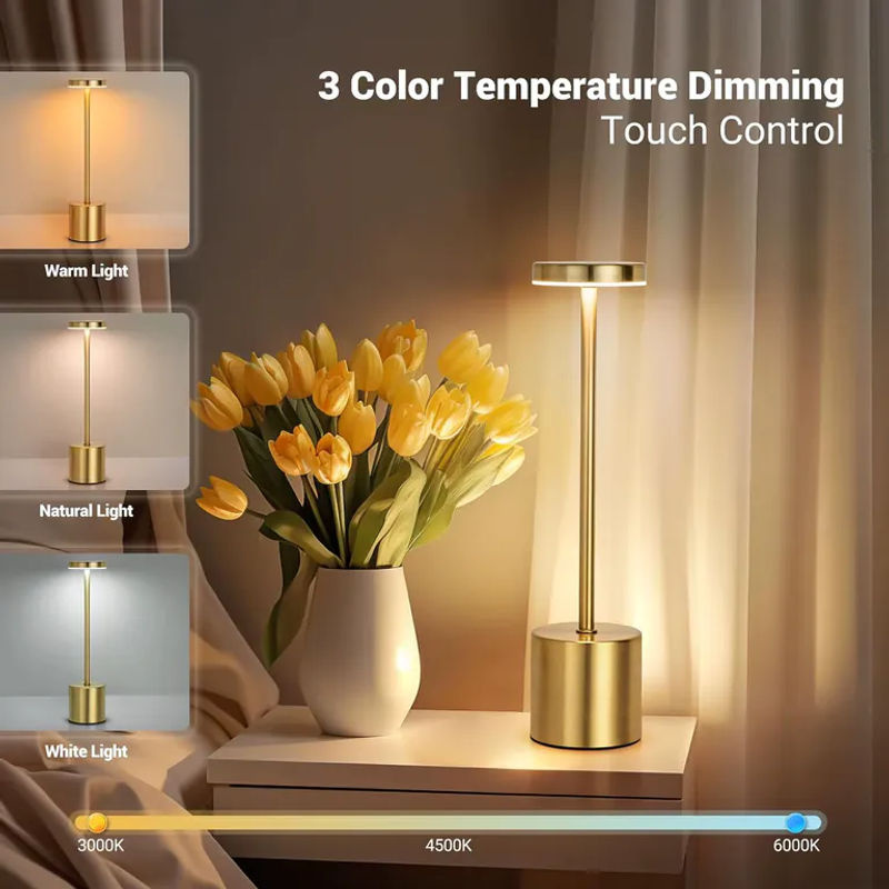 Wiederaufladbare LED Tischlampe aus Metall mit Touch-Funktion und drei Lichtfarben in Gold/Messing - Bild 2