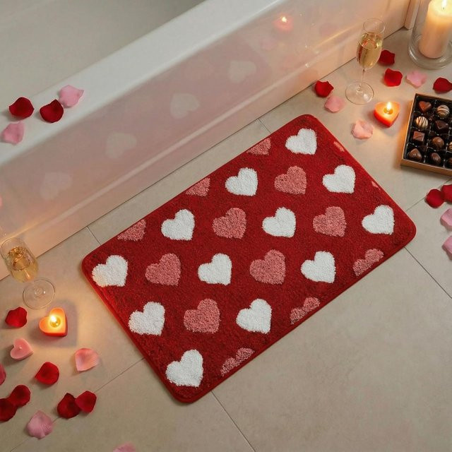 VIKAMA Ins Wind Love Badezimmerteppich in Rot, saugfähiger Teppich für Badezimmer und Duschraum - Bild 1