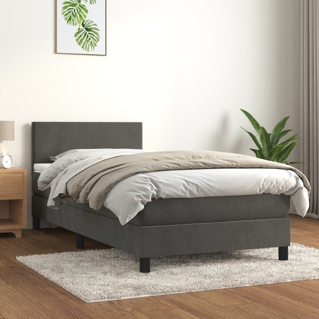 vidaXL Boxspringbett mit Matratze in Dunkelgrau, Hybridbett mit Taschenfederkern aus Samt, B/T: 100 x 200 cm - Bild 2