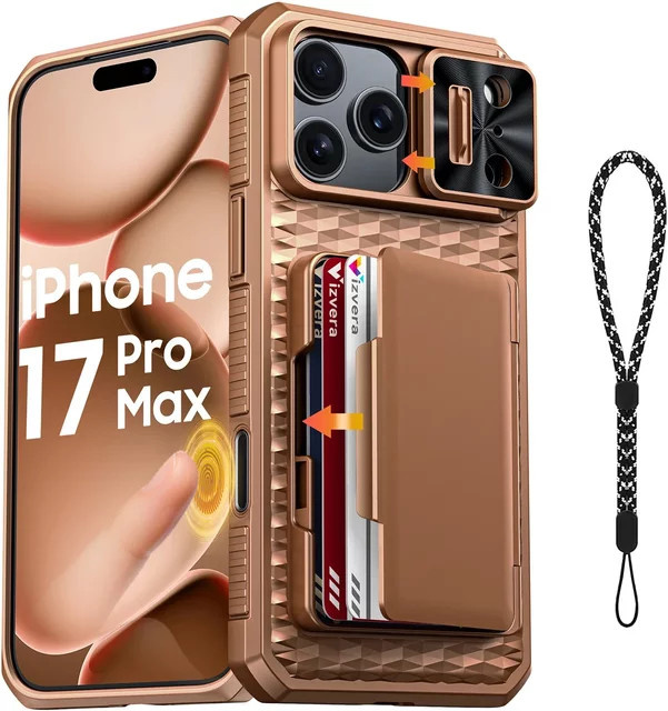 BANGZAO Handyhülle für iPhone 17 Pro und iPhone 17 Pro Max mit Kartenhalter, verschiebbarer Kameraabdeckung und Ständer in Gold - Bild 1