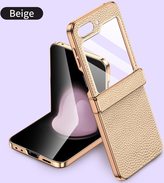 Rindsleder Handyhülle für Samsung Galaxy Z Flip7, Z Flip6 und Z Flip5 mit Scharnierschutz und gehärtetem Glas in Beige - Bild 1