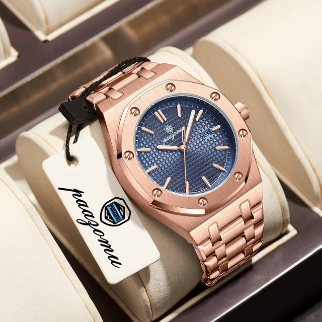 PAAZOMU Armbanduhr Quarz, Edelstahl, Schwarz, Roségold, Herren - Bild 1