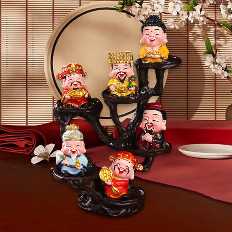 Kesoto 6er Set Gott des Glücks Miniaturfiguren aus Kunstharz in Mehrfarbig mit Ständer für Frühlingsfest und Neujahr - Bild 2