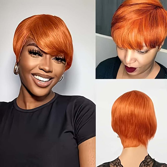 OYM HAIR Pixie-Perücke mit Pony, orangefarben, kurzes Echthaar, Damen - Bild 1