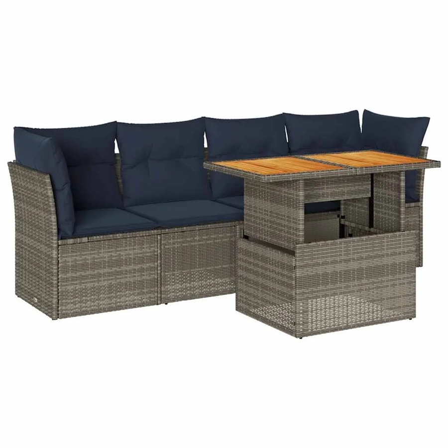 vidaXL 5-teilige Garten-Sofagarnitur aus Poly-Rattan und Akazienholz in Grau mit Kissen - Bild 2