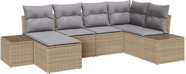 vidaXL Garten-Sofa-Set aus Poly Rattan in Beige und Grau, 6-teiliges L-Shape Lounge-Set mit Kissen und Armlehnen - Bild 1