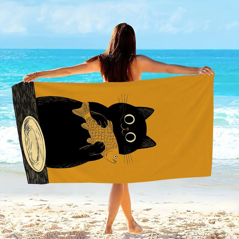 Strandtuch mit künstlerischem Design Schwarze Katze hält Fisch aus weicher Mikrofaser, B: 30 cm, H: 60 cm - Bild 3