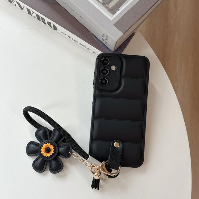 Luxus Daunenjacke Handyhülle mit Sonnenblume Armband für Samsung Galaxy S25 S24 S23 S22 Ultra Plus FE A56 A55 A54 A35 A16 A15 in Schwarz - Bild 1