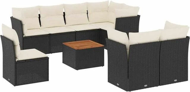 vidaXL 9-teilige Garten-Sofagarnitur aus Poly-Rattan und Akazienholz in Schwarz-Creme mit Kissen - Bild 1
