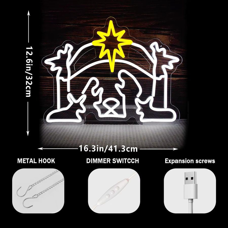 Dimmbares Weihnachtskrippe Neonschild zur Wanddekoration in Weiß mit USB-Anschluss - Bild 2