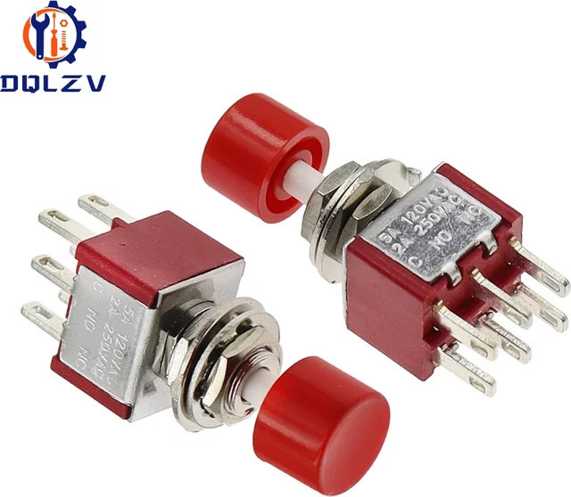 PS-202 Mini Druckknopfschalter mit roter Kappe, 6-Pin SPDT DPDT Momentary Schalter, 2A 250VAC / 5A 120VAC, Kunststoff - Bild 1