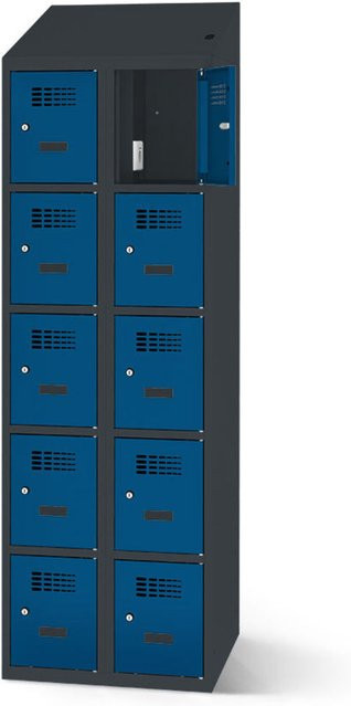 rotstahl Fächerschrank mit 10 Fächern und Ladefunktion, Farbe Dunkelblau mit anthrazitgrauem Korpus, B: 80 cm, H: 200 cm - Bild 1
