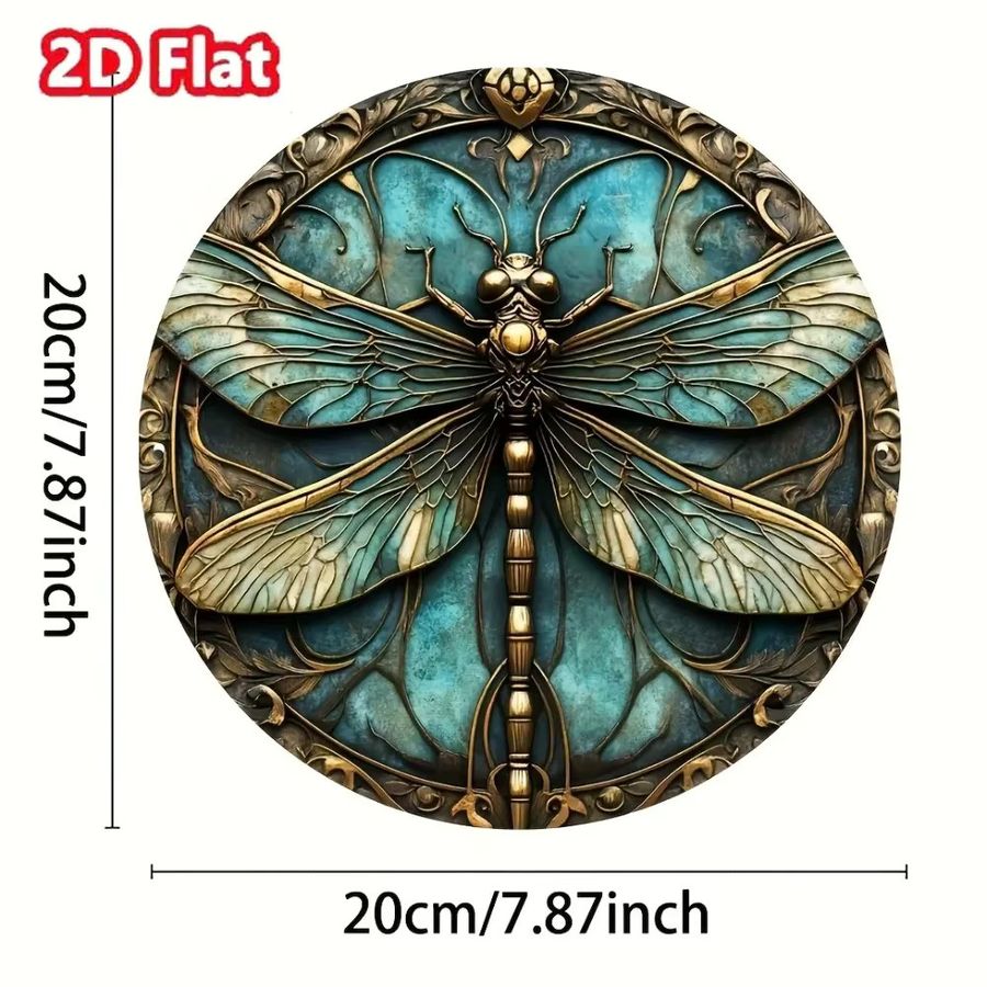 LibelleVintageArt Rundes Metallschild Vintage-Libellen Wandkunst in Blaugrün und Goldfarben - Bild 2