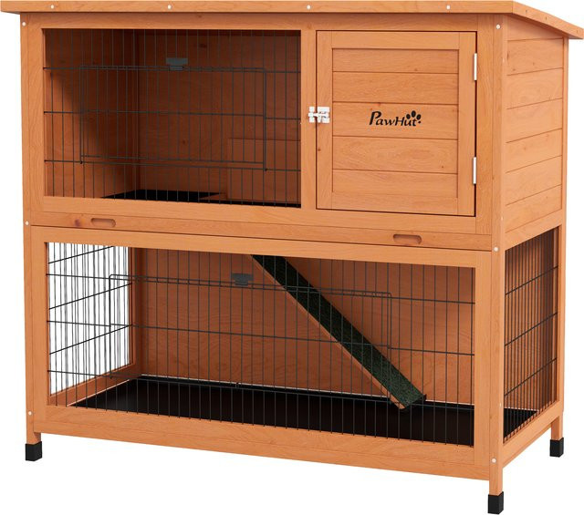 PawHut Kleintierstall aus Holz in Orange, 2-stöckiges Kaninchenstall-Außengehege mit Rampe und wetterfestem Asphaltdach - Bild 1