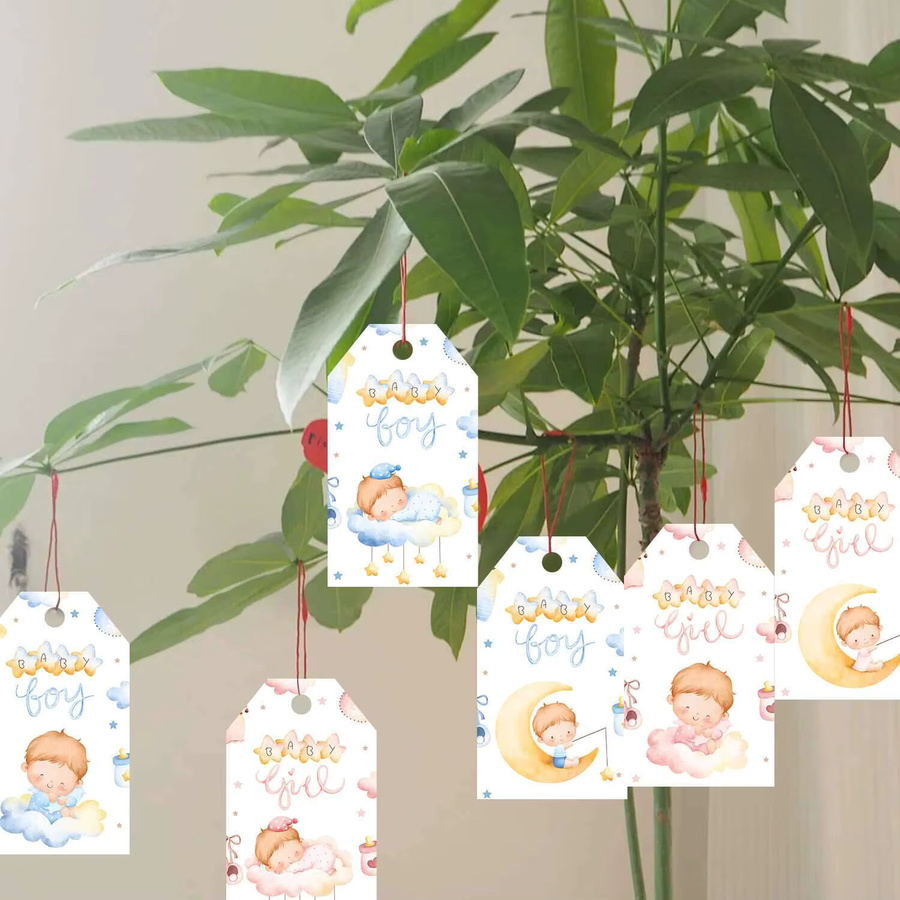 60 Stück hängende Papieranhänger in Rosa und Blau mit Stern und Mond für Babyparty und Geburtstag als DIY Partydeko und Geschenkeverpackung - Bild 2