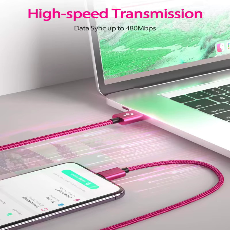 GeydrQ USB A zu Typ C Ladekabel aus Nylon als Schnellladegerät und Datenkabel für Android Smartphones in Pink und Purple - Bild 5
