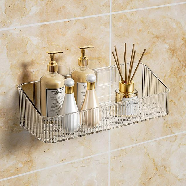 Bking Kosmetik-Aufbewahrungsregal für die Ecke, Wandregal aus Kunststoff ohne Bohren, Beige/Transparent, B/T/H: 24,5 x 10,5 x 7,0 cm - Bild 1
