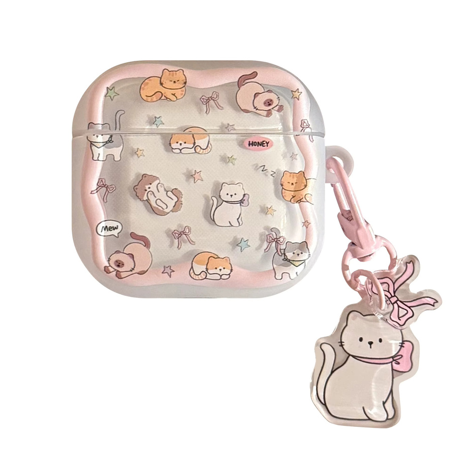 Stoßfeste Schutzhülle für Apple AirPods 1, 2, 3, 4 und Pro 2/3 mit niedlicher Cartoon-Katze, rosa Schleife und Stern-Anhänger in Pink und Multicolour - Bild 2