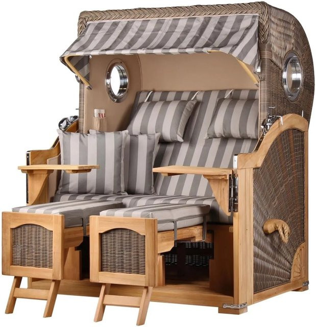 bene,iving Strandkorb Komplettset Ammersee Modell 537 aus Teakholz und PE-Rattan in Grau - Bild 1