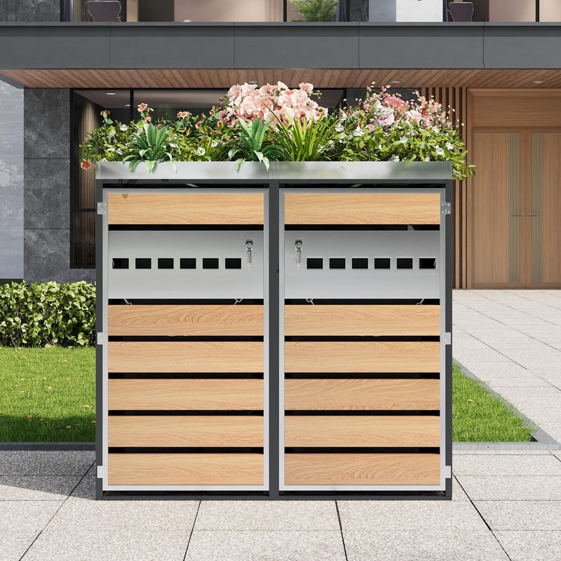 GL Store Mülltonnenbox mit integriertem Pflanztrog und Belüftung, abschließbarer 2-türiger Schrank in Grau und Naturfarbe, B/T/H: 132 x 80 x 124,5 cm - Bild 2